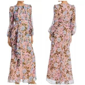 ELIZA J Pink Floral Long Sleeve Maxi Dress Chiffon Ruffle Front Slit Size 14 New
